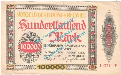 Neuwied , Notgeld 100.000 Mark Schein in gbr. Keller 3903.c , Rheinland 1923 Grossnotgeld Inflation
