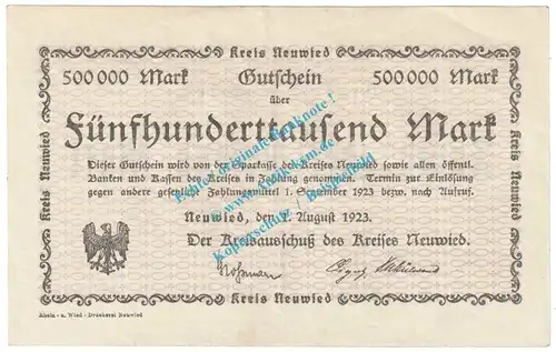 Neuwied , Notgeld 500.000 Mark Schein in f-kfr. Keller 3903.q , Rheinland 1923 Grossnotgeld Inflation