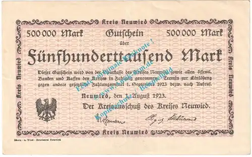 Neuwied , Notgeld 500.000 Mark Schein in f-kfr. Keller 3903.o , Rheinland 1923 Grossnotgeld Inflation