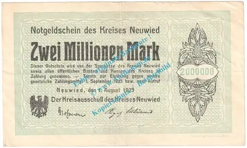 Neuwied , Notgeld 2 Millionen Mark Schein in gbr. Keller 3903.s , Rheinland 1923 Grossnotgeld Inflation