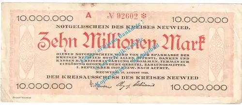 Neuwied , Notgeld 10 Millionen Mark Schein in gbr. Keller 3903.y , Rheinland 1923 Grossnotgeld Inflation