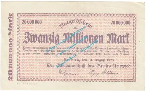 Neuwied , Notgeld 20 Millionen Mark Schein in L-gbr. Keller 3903.ff-hh , Rheinland 1923 Grossnotgeld Inflation