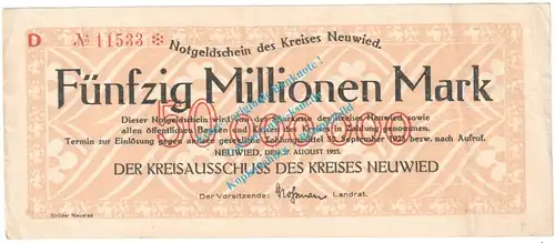 Neuwied , Notgeld 50 Millionen Mark Schein in gbr. Keller 3903.z , Rheinland 1923 Grossnotgeld Inflation