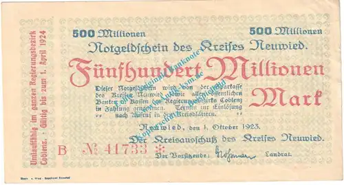 Neuwied , Notgeld 500 Millionen Mark Schein in gbr. Keller 3903.II.mm , Rheinland 1923 Grossnotgeld Inflation