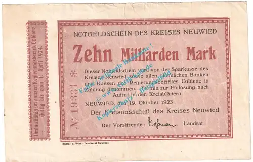 Neuwied , Notgeld 10 Milliarden Mark Schein in gbr. Keller 3903.uu , Rheinland 1923 Grossnotgeld Inflation