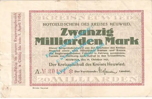 Neuwied , Notgeld 20 Milliarden Mark Schein in gbr. Keller 3903.yy , Rheinland 1923 Grossnotgeld Inflation