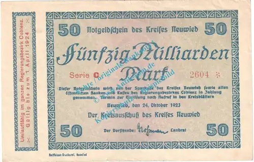 Neuwied , Notgeld 50 Milliarden Mark Schein in gbr. Keller 3903.bbb , Rheinland 1923 Grossnotgeld Inflation