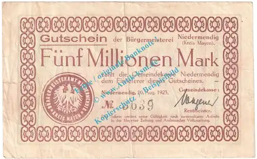 Niedermendig , Notgeld 5 Millionen Mark Schein in gbr. Keller 3924.a , Rheinland 1923 Grossnotgeld Inflation