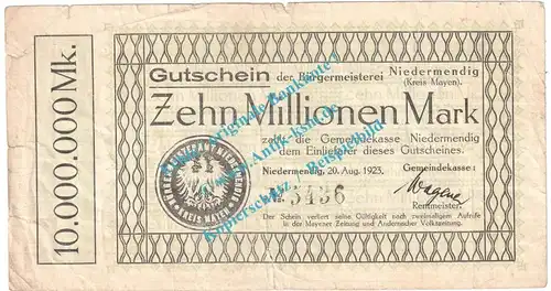 Niedermendig , Notgeld 10 Millionen Mark Schein in gbr. Keller 3924.b , Rheinland 1923 Grossnotgeld Inflation