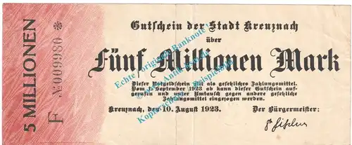 Kreuznach , Notgeld 5 Millionen Mark Schein in gbr. Keller 2812.f , Rheinland 1923 Grossnotgeld Inflation