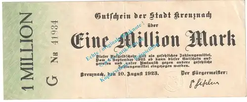 Kreuznach , Notgeld 1 Million Mark Schein in gbr. Keller 2812.f , Rheinland 1923 Grossnotgeld Inflation