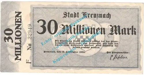 Kreuznach , Notgeld 30 Millionen Mark Schein in gbr. Keller 2812.h , Rheinland 1923 Grossnotgeld Inflation