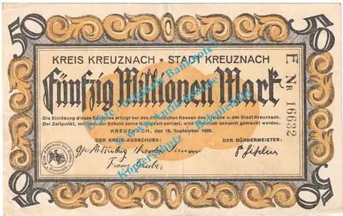 Kreuznach , Notgeld 50 Millionen Mark Schein in gbr. Keller 2813.a , Rheinland 1923 Grossnotgeld Inflation