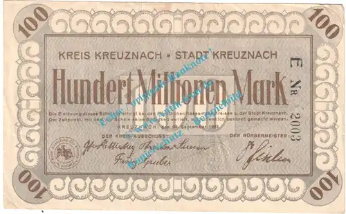 Kreuznach , Notgeld 100 Millionen Mark Schein in gbr. Keller 2813.f , Rheinland 1923 Grossnotgeld Inflation