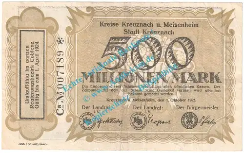 Kreuznach , Notgeld 500 Millionen Mark Schein in gbr. Keller 2814.a , Rheinland 1923 Grossnotgeld Inflation