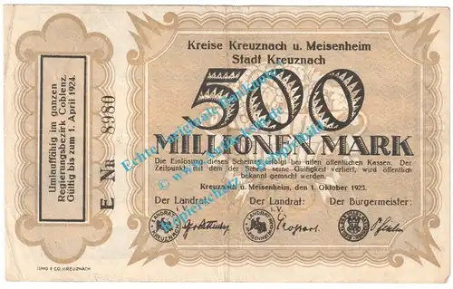 Kreuznach , Notgeld 500 Millionen Mark Schein in gbr. Keller 2814.a , Rheinland 1923 Grossnotgeld Inflation