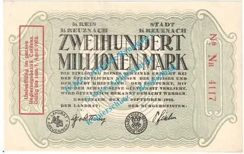 Kreuznach , Notgeld 200 Millionen Mark Schein in L-gbr. Keller 2813.k , Rheinland 1923 Grossnotgeld Inflation