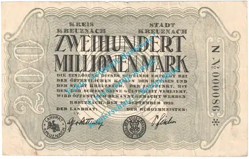 Kreuznach , Notgeld 200 Millionen Mark Schein in gbr. Keller 2813.h , Rheinland 1923 Grossnotgeld Inflation