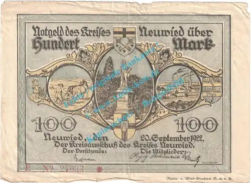 Neuwied , Notgeld 100 Mark Schein in S-gbr. Müller 3307.4.b , Rheinland 1922 Grossnotgeld