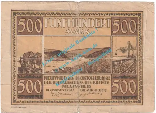 Neuwied , Notgeld 500 Mark Schein in S-gbr. Müller 3307.8.a , Rheinland 1922 Grossnotgeld