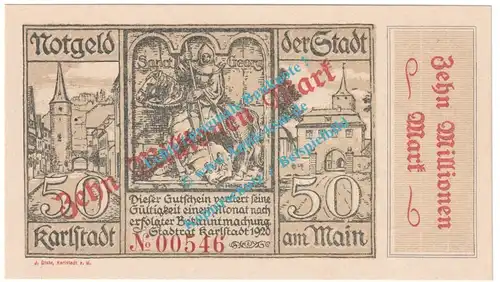 Karlstadt , Notgeld 10 Millionen Mark -Überdruck- in kfr. Keller 2585 , Bayern 1923 Grossnotgeld Inflation