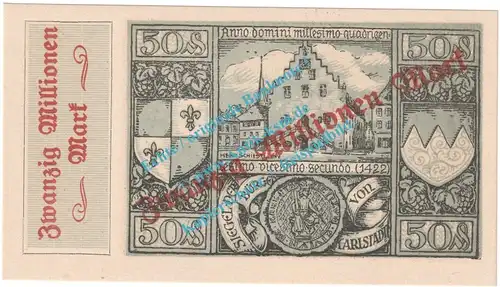 Karlstadt , Notgeld 20 Millionen Mark -Überdruck- in kfr. Keller 2585 , Bayern 1923 Grossnotgeld Inflation