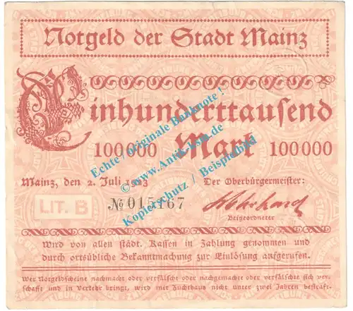 Mainz , Notgeld 100.000 Mark Schein in gbr. Keller 3423.b , Hessen 1923 Grossnotgeld Inflation