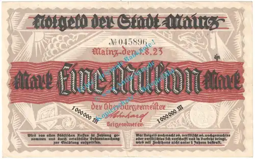 Mainz , Notgeld 1 Million Mark Schein in gbr. Keller 3423.g , Hessen 1923 Grossnotgeld Inflation