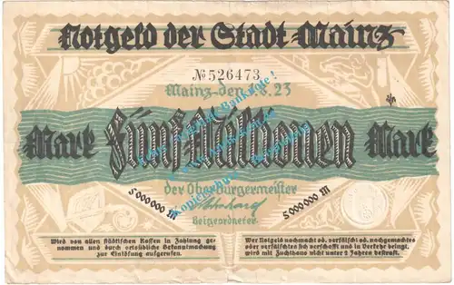 Mainz , Notgeld 5 Millionen Mark Schein in gbr. Keller 3423.g , Hessen 1923 Grossnotgeld Inflation