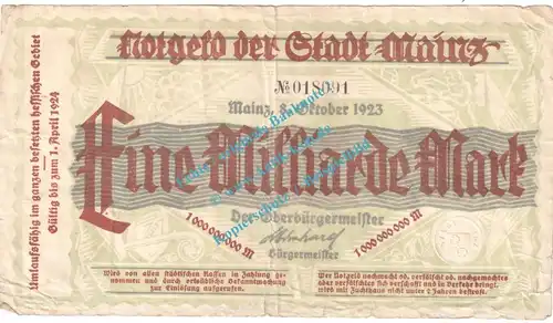 Mainz , Notgeld 1 Milliarde Mark Schein in gbr. Keller 3423.o , Hessen 1923 Grossnotgeld Inflation