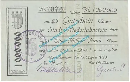 Niederlahnstein , Notgeld 1 Million Mark Schein in gbr. Keller 3918.b , Hessen 1923 Grossnotgeld Inflation