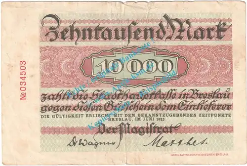 Breslau , Notgeld 10.000 Mark Schein in gbr. Müller 665.5 , Schlesien 1922-23 Inflation