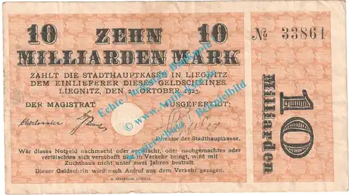 Liegnitz , Notgeld 10 Milliarden Mark Schein in gbr. Keller 3262.h , Schlesien 1923 Inflation