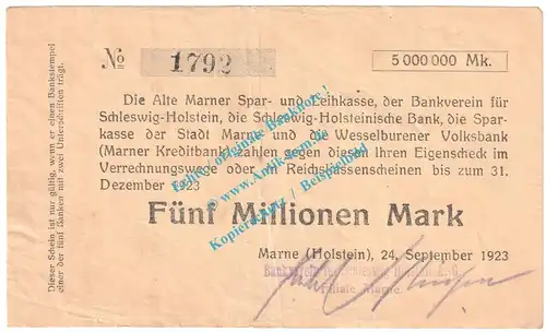 Marne , Notgeld 5 Millionen Mark Schein in gbr. Keller 3474 , Schleswig 1923 Grossnotgeld Inflation