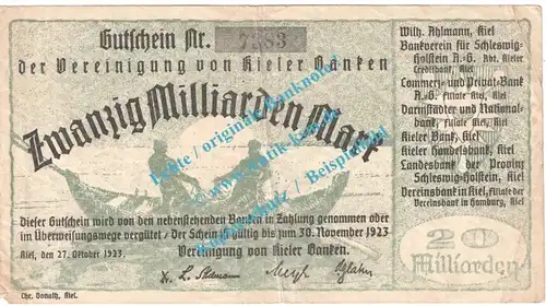 Kiel , Notgeld 20 Milliarden Mark Schein in gbr. Keller 2638 , Schleswig 1923 Grossnotgeld Inflation