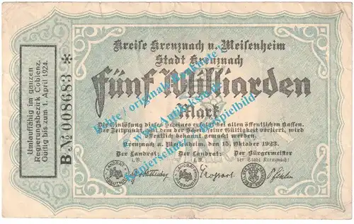 Kreuznach , Notgeld 5 Milliarden Mark Schein in gbr. Keller 2814.c , Rheinland 1923 Grossnotgeld Inflation