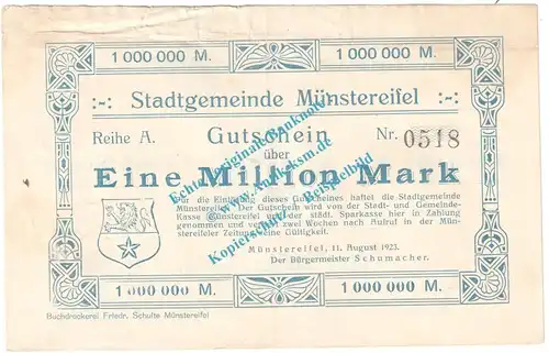 Münstereifel , Notgeld 1 Million Mark Schein in gbr. Keller 3692.a , Rheinland 1923 Grossnotgeld Inflation