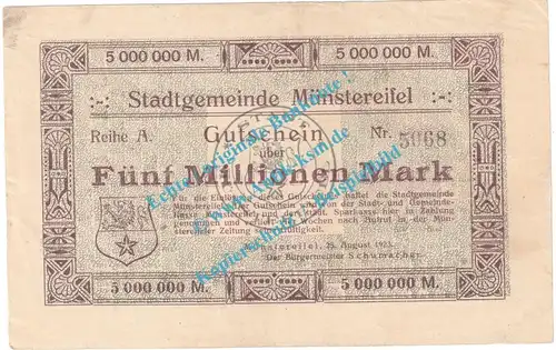 Münstereifel , Notgeld 5 Millionen Mark Schein in L-gbr. Keller 3692.b , Rheinland 1923 Grossnotgeld Inflation