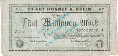 Honnef , Notgeld 5 Millionen Mark -grün- in gbr. Keller 2443.h , Rheinland 1923 Grossnotgeld Inflation