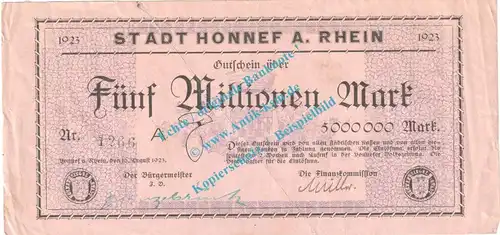 Honnef , Notgeld 5 Millionen Mark -rosa- in gbr. Keller 2443.i , Rheinland 1923 Grossnotgeld Inflation