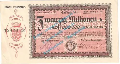 Honnef , Notgeld 20 Millionen Mark Schein in L-gbr. Keller 2443.m , Rheinland 1923 Grossnotgeld Inflation