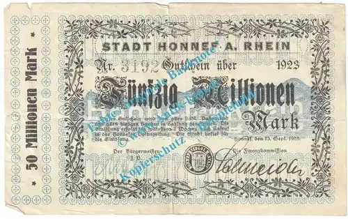 Honnef , Notgeld 50 Millionen Mark Schein in gbr. Keller 2443.n , Rheinland 1923 Grossnotgeld Inflation