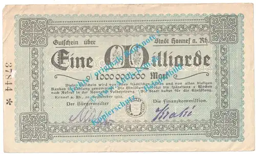 Honnef , Notgeld 1 Milliarde Mark Schein in gbr. Keller 2443.p , Rheinland 1923 Grossnotgeld Inflation