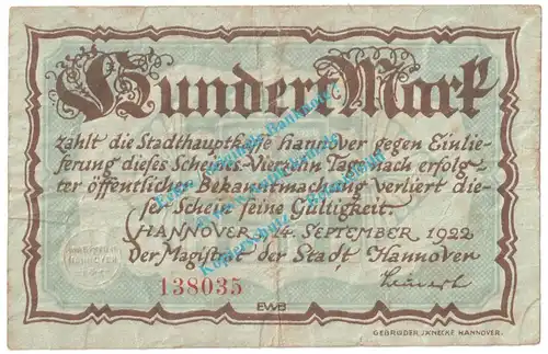 Hannover , Notgeld 100 Mark Schein in gbr. Müller 1990.1 , Niedersachsen 1922-23 Grossnotgeld Inflation