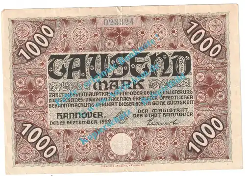 Hannover , Notgeld 1.000 Mark Schein in gbr. Müller 1990.3 , Niedersachsen 1922-23 Grossnotgeld Inflation