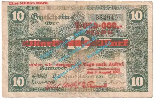 Hannover , Notgeld 1 Million Mark -Überdruck- in gbr. Keller 2156 , Niedersachsen 1923 Grossnotgeld Inflation