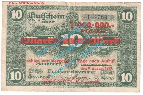 Hannover , Notgeld 1 Million Mark -Überdruck- in gbr. Keller 2156 , Niedersachsen 1923 Grossnotgeld Inflation