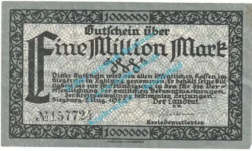 Siegburg , Notgeld 1 Million Mark Schein in L-gbr. Keller 4777.b , Rheinland 1923 Grossnotgeld Inflation