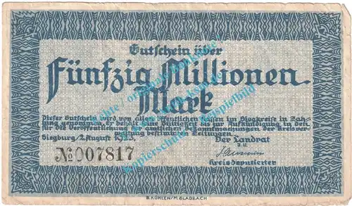 Siegburg , Notgeld 50 Millionen Mark Schein in gbr. Keller 4777.d , Rheinland 1923 Grossnotgeld Inflation