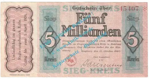 Siegburg , Notgeld 5 Milliarden Mark Schein in gbr. Keller 4777.g , Rheinland 1923 Grossnotgeld Inflation